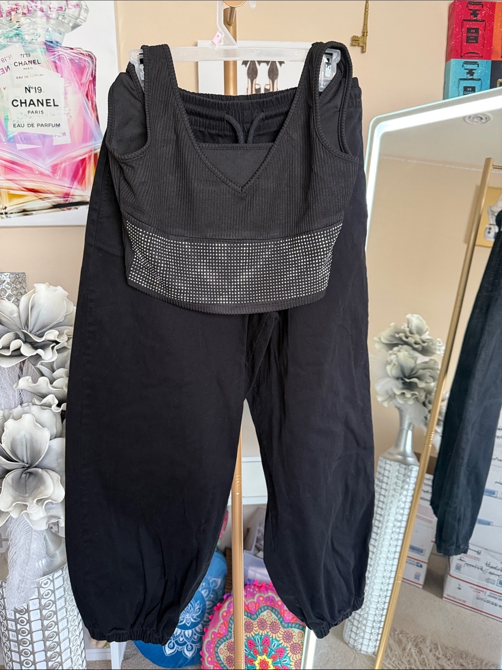 refuge Black Rhinestone Cropped Tank & Joggers Set